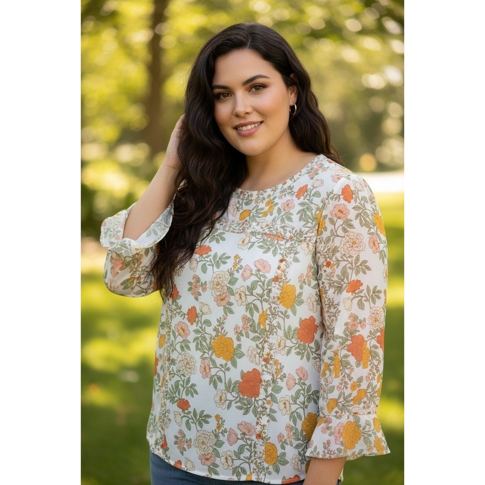 DR2 Womens Floral 3/4 Ruffle Sleeve Blouse White Orange Yellow XL